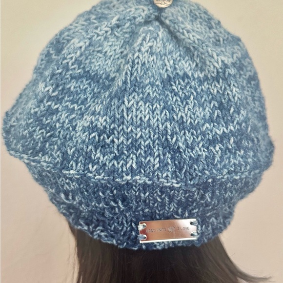 Hand Knits 2 Love Slouch Hat Beanie Beret Stonewashed Denim Flower Designer Chic - Picture 8 of 8